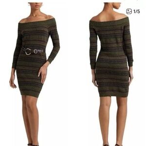Ralph Lauren Fair Isle Off-the-Shoulder Long Sleeve Sweater Dress MPetite